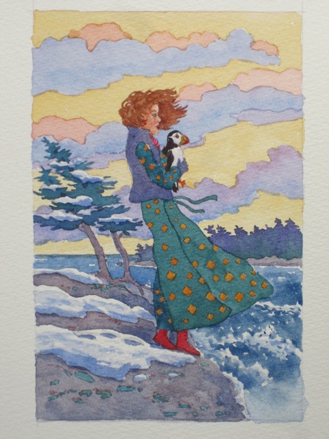 Coastal Scene of Girl in a Green Gown, with Puffin